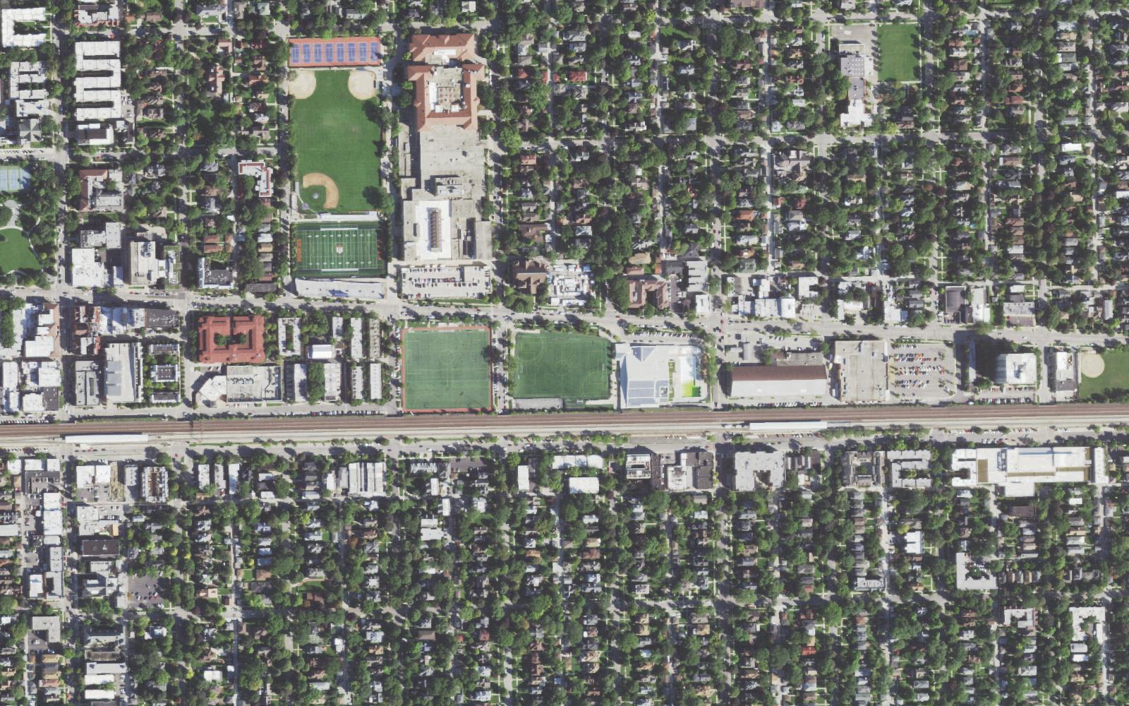 Real aerial view of an Oak Park, Illinois neighborhood — the kind of service area a roofing contractor works, seen from above