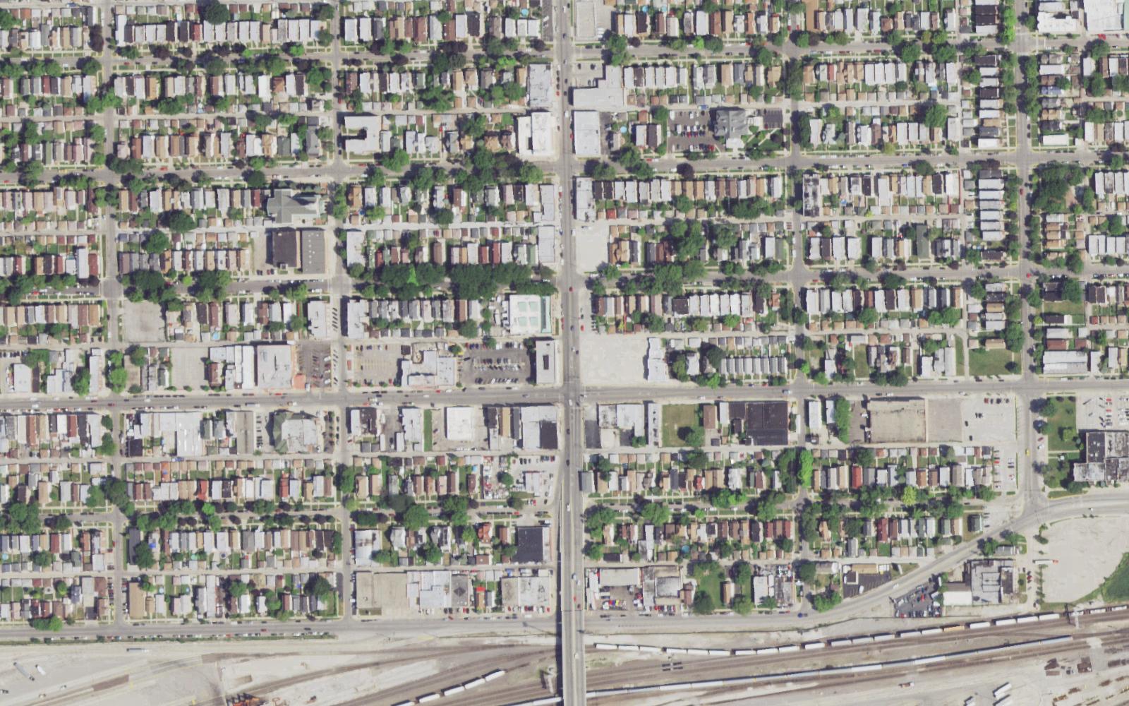 Real aerial of a Cicero, IL neighborhood — a roofing contractor's service area, seen from above